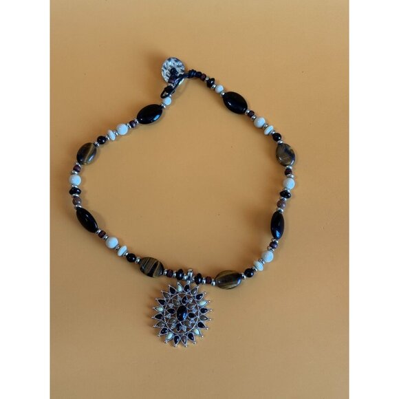 Chaps Tiger Eye Brown Stone & Glass Beaded Pendant Necklace 16" - Picture 2 of 8